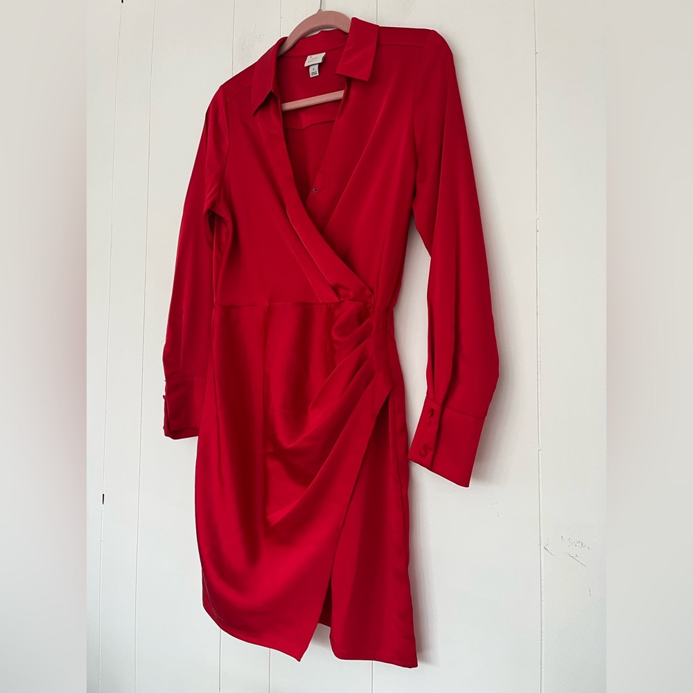 A New Day Women's Long Sleeve Red Satin Shirt Mini Dress Size Small - Picture 4 of 10